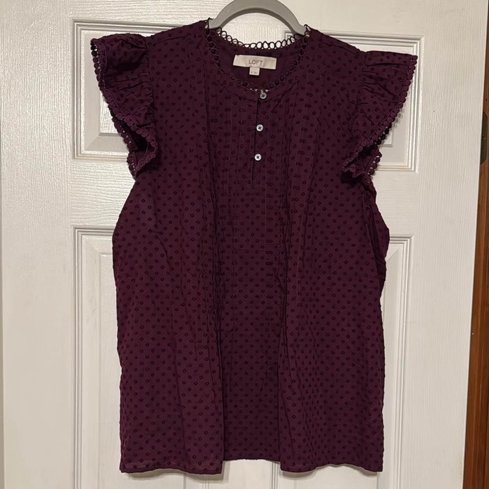 LOFT Plum Eyelet Flutter Sleeve Blouse